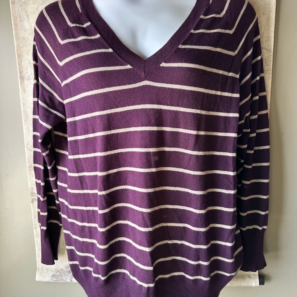 Massimo Purple and Cream Striped V-Neck Sweater